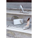 Gümüş Saten Çanta Takım 11cm Yan Şeffaf Yıldız Taşlı Topuklu Stiletto Kadın Ayakkabı