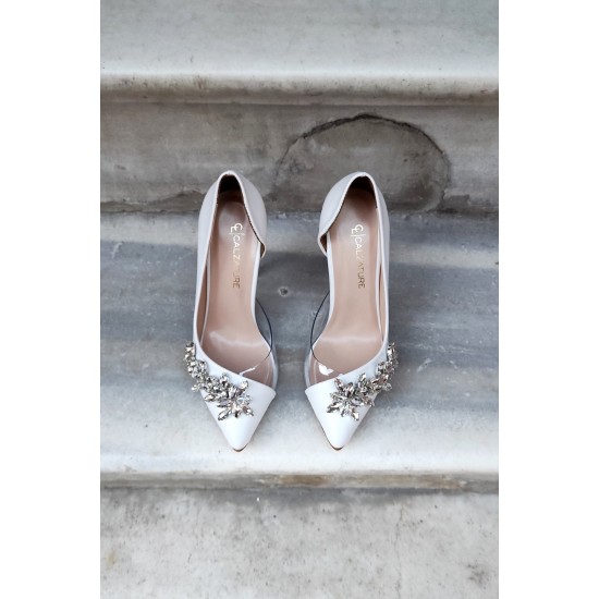 Beyaz Deri 11cm Yan Şeffaf Yıldız Taşlı Topuklu Stiletto Kadın Ayakkabı