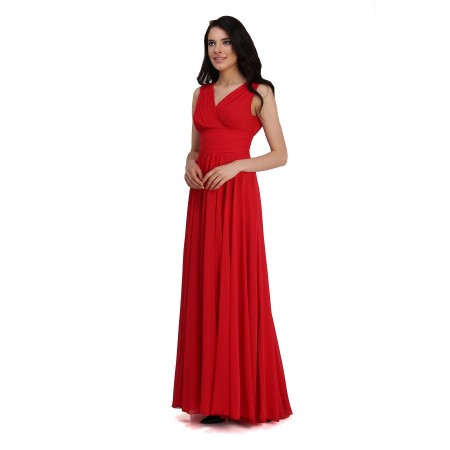 Carmen Kırmızı Şifon V Yaka Uzun Abiye Elbise
