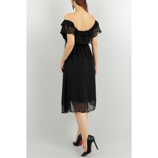 Siyah Yaka Katlı Şifon Elbise-kemer Hediye App02/124222