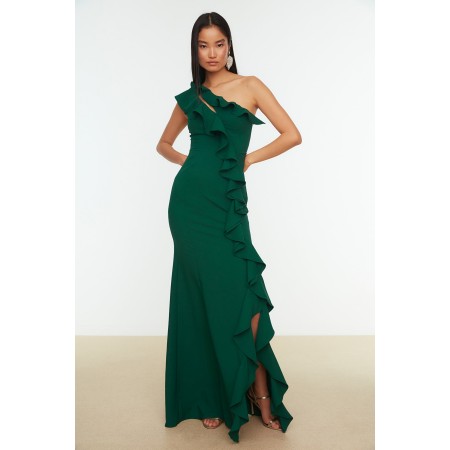 Zümrüt Yeşili Fırfır Detaylı  Abiye & Mezuniyet Elbisesi TPRSS20AE0244