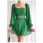 Büstiyer Ve Etek Görünümlü Astarlı Şifon Kumaş Tek Parça Yeşil Abiye Elbise 013