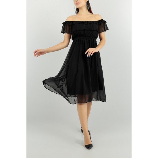 Siyah Yaka Katlı Şifon Elbise-kemer Hediye App02/124222