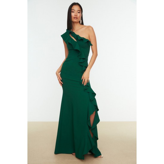 Zümrüt Yeşili Fırfır Detaylı  Abiye & Mezuniyet Elbisesi TPRSS20AE0244