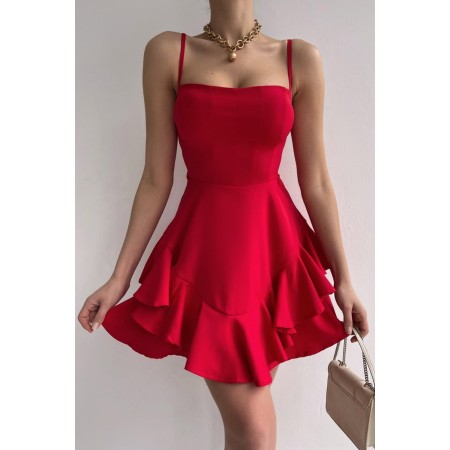 Ayarlanabilir Ince Askılı Eteği Kat Detaylı Kırmızı Abiye Elbise & Kırmızı Mezuniyet Elbisesi 102