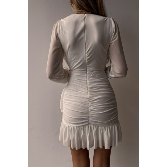 Astarlı Esnek Tül Kumaş Kruvaze Yaka Beyaz Kısa Abiye Elbise 105