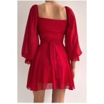 Etek Ve Üst Görünümlü Astarlı Şifon Kumaş Tek Parça Kısa Kırmızı Abiye Elbise 013