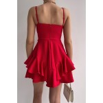 Ayarlanabilir Ince Askılı Eteği Kat Detaylı Kırmızı Abiye Elbise & Kırmızı Mezuniyet Elbisesi 102