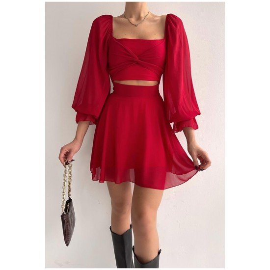 Etek Ve Üst Görünümlü Astarlı Şifon Kumaş Tek Parça Kısa Kırmızı Abiye Elbise 013