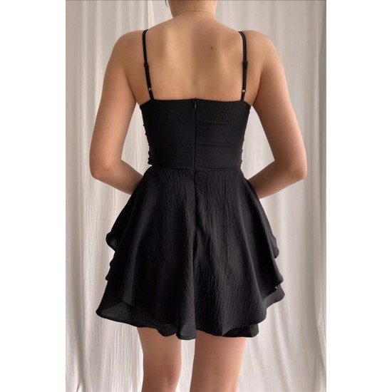 Jessica Kumaş Ayarlanabilir Askılı Dekolteli Şortlu Siyah Abiye Tulum & Mezuniyet Elbisesi 125