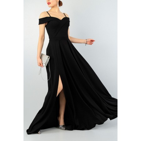 Kruvaze Yakalı Ince Askılı Yırtmaç Detaylı Siyah Abiye Elbise Siyah Nişan Elbisesi 078