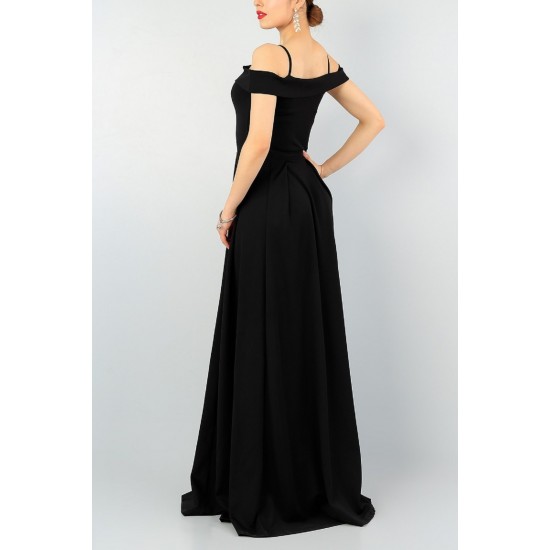 Kruvaze Yakalı Ince Askılı Yırtmaç Detaylı Siyah Abiye Elbise Siyah Nişan Elbisesi 078