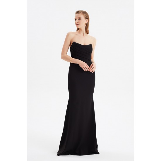 Siyah Nervür Detaylı Abiye & Mezuniyet Elbisesi TPRSS21AE0121