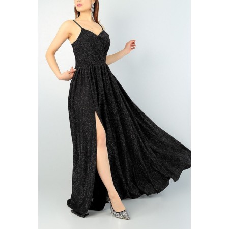Işıltılı Kumaş Göğüs Dekolteli Yırtmaç Detaylı Uzun Siyah Abiye Elbise Emr-022