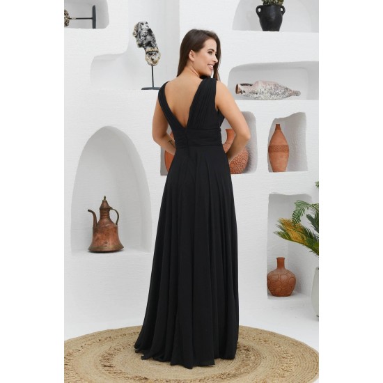 Carmen Siyah Şifon V Yaka Uzun Abiye Elbise