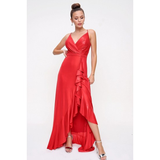 Ip Askılı Volanlı Uzun Parlak Elbise Kırmızı