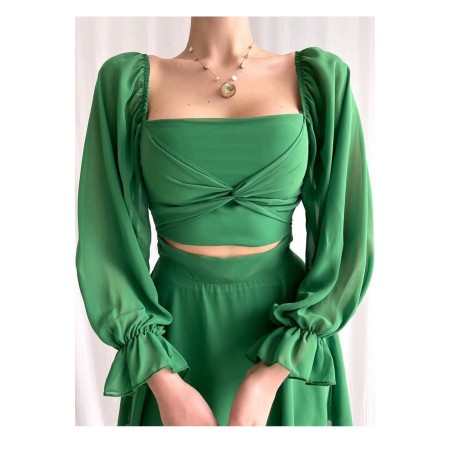 Etek ve Üst Görünümlü Astarlı Şifon Kumaş Tek Parça Kısa Yeşil Abiye Elbise 013