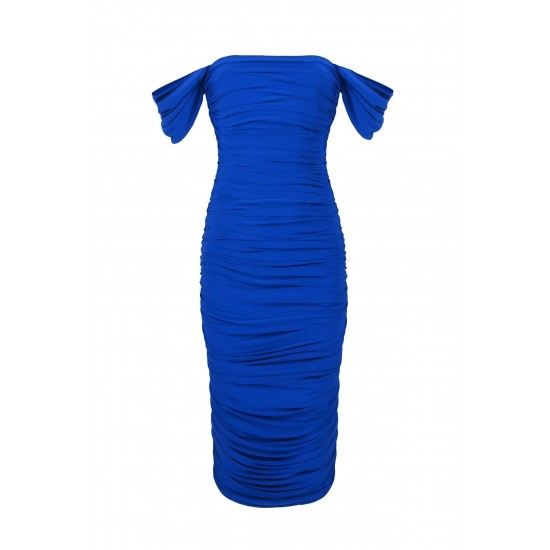 Kadın Saks Mavisi Düşük Kol Büzgülü Drapeli Midi Elbise