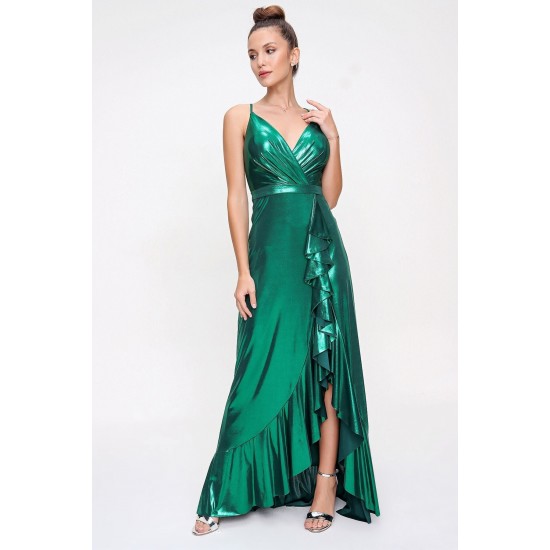İp Askılı Volanlı Uzun Parlak Elbise Yeşil