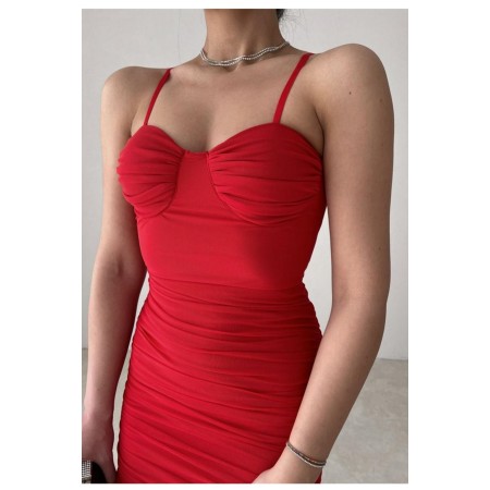 Dolgulu Ayarlanabilir Askılı Astarlı Tül Kumaş Kırmızı Abiye Elbise & Mezuniyet Elbisesi 117