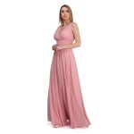 Kadın Pudra Şifon V Yaka Uzun Abiye Elbise PC54506