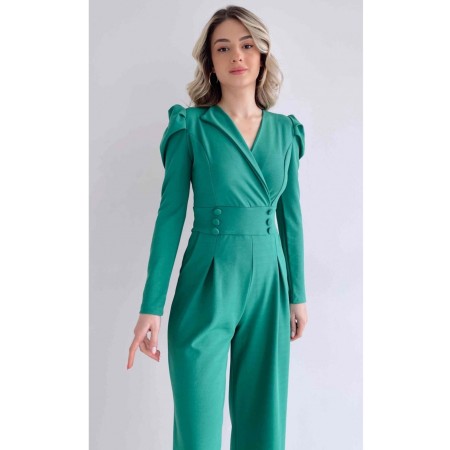 Esnek Kumaş Düğme Detaylı Geniş Paça Uzun Kollu Yeşil Abiye Tulum & Mezuniyet Elbisesi 029