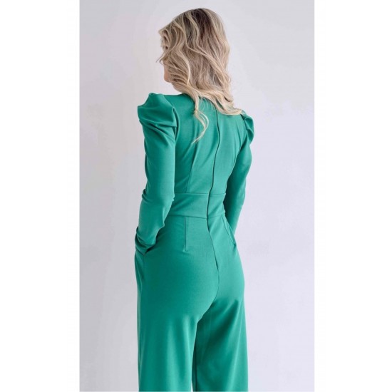 Esnek Kumaş Düğme Detaylı Geniş Paça Uzun Kollu Yeşil Abiye Tulum & Mezuniyet Elbisesi 029