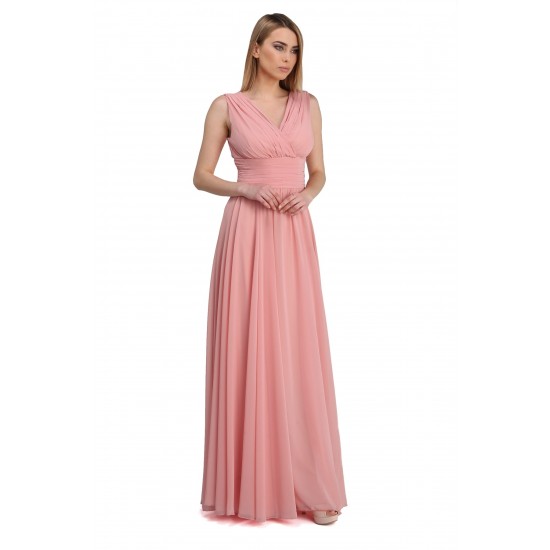 Kadın Pudra Şifon V Yaka Uzun Abiye Elbise PC54506