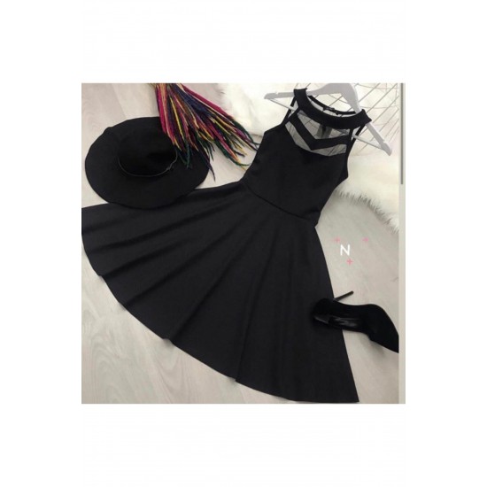Kadın Esnek Scuba Kumaş Transparan Detaylı Siyah Elbise 2222