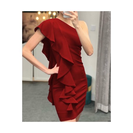 Omuzdan Kat Detaylı Esnek Krep Kumaş Kırmızı Mini Abiye Ve Mezuniyet Elbisesi 582098 683