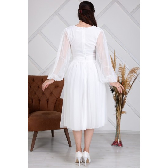 Kadın Beyaz Tül Kısa Tasarım Elbise