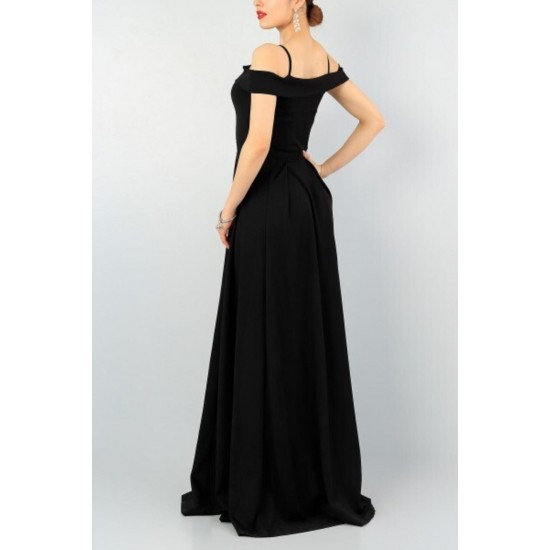 Şık Siyah Kruvaze Yaka , Pileli Abiye Elbise Uzun Elbise Düğün Elbisesi 078