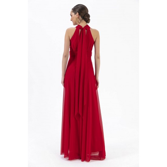 Boyun Bağlamalı Uzun Tül Abiye Elbise Kırmızı