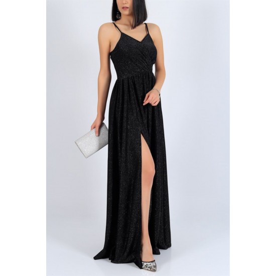 Kadın Siyah Işıltılı Kumaş Göğüs Dekolteli Yırtmaç Detaylı Uzun Siyah Abiye Elbise