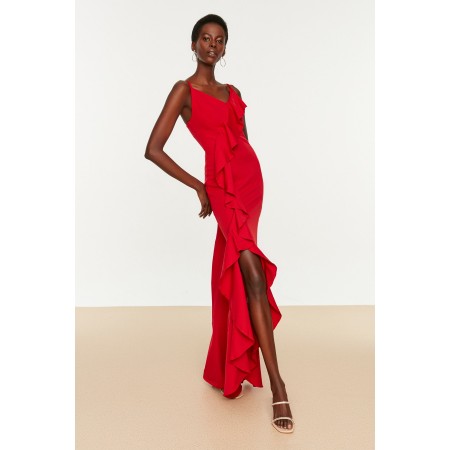 Kırmızı Fırfır Detaylı  Abiye & Mezuniyet Elbisesi TPRSS20AE0253