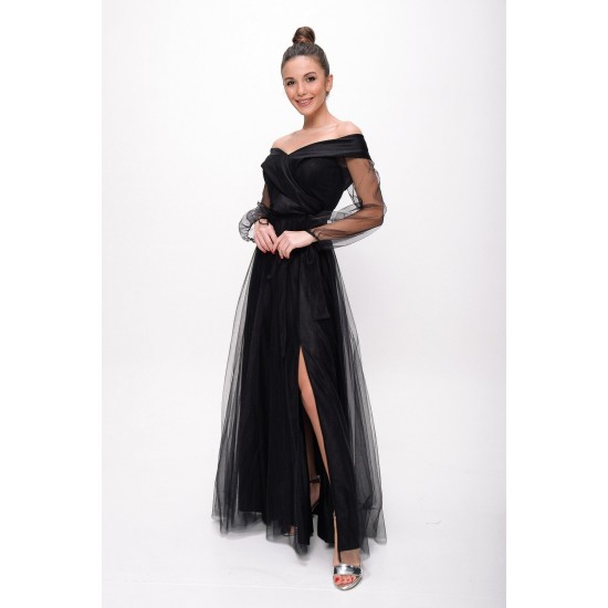 Kadın Siyah Bağcıklı Balon Kol Tül Uzun Abiye Elbise