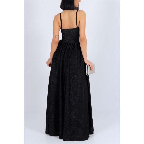Kadın Siyah Işıltılı Kumaş Göğüs Dekolteli Yırtmaç Detaylı Uzun Siyah Abiye Elbise