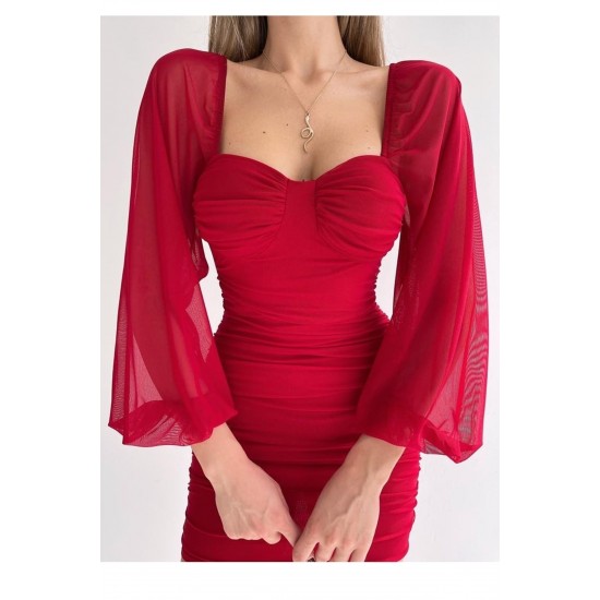 Göğüs Dolgulu Astarlı Esnek Tül Kumaş Kısa Kırmızı Abiye Elbise Kırmızı Mezuniyet Elbisesi 102