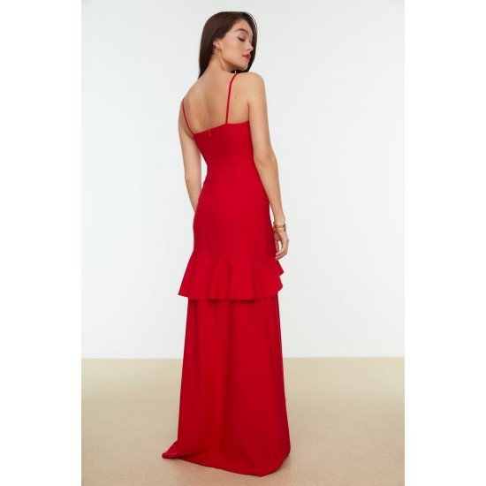 Kırmızı Yaka Detaylı  Abiye & Mezuniyet Elbisesi TPRSS21AE0098