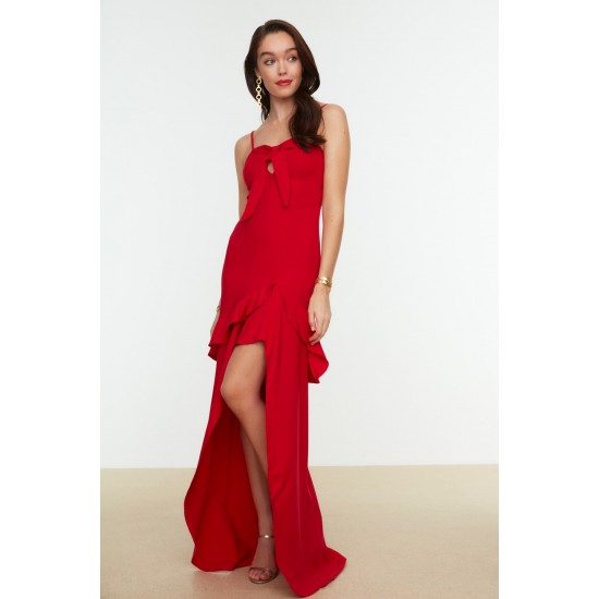 Kırmızı Yaka Detaylı  Abiye & Mezuniyet Elbisesi TPRSS21AE0098