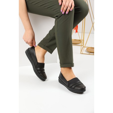 Kadın Siyah Renk Tam Ortopedik Lastikli Rahat Günlük Klasik Anne Babet Ayakkabı