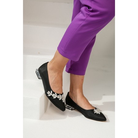 Kadın Şeffaf Topuklu Taşlı Ayakkabı Siyah Saten