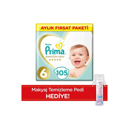 Bebek Bezi Premium Care 6 Beden Junior Aylık Fırsat Paketi 105 Adet + 70’li Makyaj Pamuğu Hediyeli