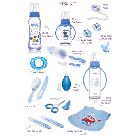 Mega Cam Biberon Set, Önlük Silikon Kaşık Emzikler Burun Aspiratörü Hediyelik Bebek Cam Biberon Seti