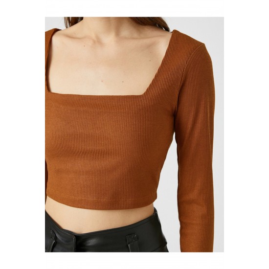Kadın Kahverengi Uzun Kollu Crop T-Shirt