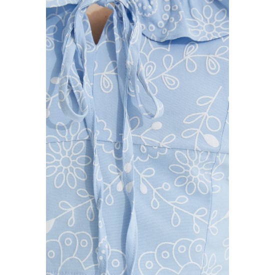 Kadın Mavi Firfirli Desenli Pamuklu Bluz