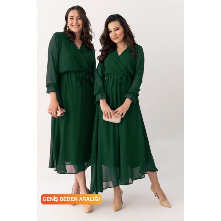 Kadın Yeşil Şifon Astarlı Büyük Beden Elbise