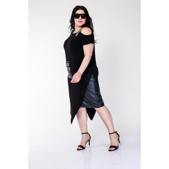 Kadın Büyük Beden Taş Ve Deri Detaylı Asimetrik Kesim Siyah Elbise