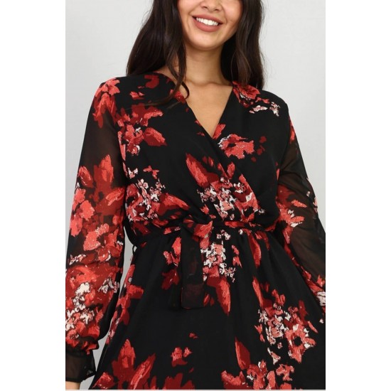 Siyah Kruvaze Yaka Kısa Astarlı Kırmızı Çiçek Desenli Büyük Beden Şifon Elbise
