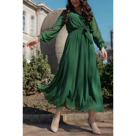 Kadın Yeşil Şifon Astarlı Elbise